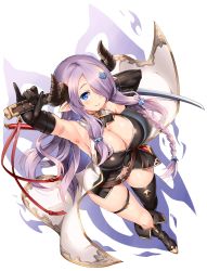 Rule 34 | 1girl, armpits, bare shoulders, black footwear, black gloves, black thighhighs, blue eyes, blush, boots, breasts, cleavage, draph, from above, gloves, granblue fantasy, hair ornament, hair over one eye, highres, holding, holding sword, holding weapon, horns, large breasts, light purple hair, long hair, looking at viewer, narmaya (granblue fantasy), pinky out, pointy ears, purple hair, shinozuka atsuto, single thighhigh, smile, solo, standing, sword, thigh strap, thighhighs, very long hair, weapon, white background