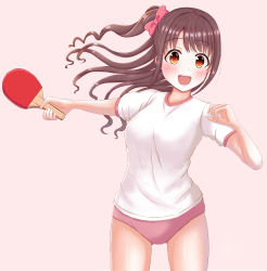 Rule 34 | 1girl, brown hair, buruma, highres, idolmaster, idolmaster cinderella girls, open mouth, pink buruma, shimamura uzuki, side ponytail, table tennis