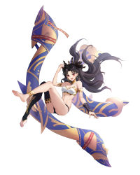 Rule 34 | 1girl, :d, absurdres, anklet, bandeau, black hair, black thighhighs, commentary request, earrings, eyulam, fate/grand order, fate (series), floating hair, highres, hoop earrings, ishtar (fate), jewelry, long hair, looking at viewer, midriff, navel, open mouth, red eyes, simple background, single thighhigh, smile, solo, stomach, strapless, thighhighs, thighs, tube top, white background