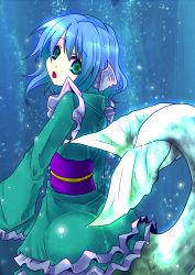 Rule 34 | 1girl, ass, blue hair, curly hair, female focus, fins, green eyes, head fins, highres, looking back, mermaid, monster girl, naonakamura, open mouth, solo, touhou, underwater, wakasagihime