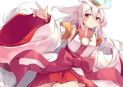 Rule 34 | 1girl, absurdres, detached sleeves, duel monster, grey hair, hair between eyes, hair flaps, highres, horns, japanese clothes, kanzakietc, kimono, kurikara divincarnate, long sleeves, nontraditional miko, orange eyes, outstretched arms, smile, solo, white background, white kimono, yu-gi-oh!