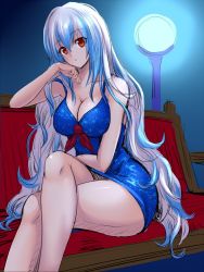 Rule 34 | 1girl, adapted costume, alternate costume, arm support, bare arms, bare legs, blue hair, breasts, cleavage, colorized, couch, dress, head tilt, hijikawa arashi, kamishirasawa keine, large breasts, legs, crossed legs, light, long hair, long legs, looking at viewer, multicolored hair, parted lips, red eyes, silver hair, sitting, sketch, sleeveless, solo, strap slip, taut clothes, taut dress, thighs, touhou, very long hair