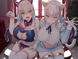 Rule 34 | 2girls, animal ears, black shirt, blonde hair, blue eyes, blue hair, blue skirt, breasts, cat ears, cat tail, cleavage, closed mouth, collared shirt, couch, curtains, detached collar, fang, frilled skirt, frills, hand on another&#039;s thigh, highleg, highleg panties, highres, indoors, large breasts, looking at viewer, miniskirt, multicolored hair, multiple girls, navel, no bra, non-web source, oekakizuki, open mouth, original, panties, paw hair ornament, paw pose, red eyes, shirt, sitting, skirt, smile, stomach, streaked hair, sunlight, tail, thighhighs, thighs, two-tone hair, two-tone shirt, underboob, underwear, white hair, white shirt, window