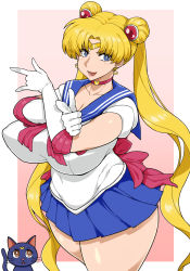 Rule 34 | 1girl, alternate breast size, ass, bishoujo senshi sailor moon, blonde hair, blue eyes, bow, bowtie, breasts, cat, choker, cleavage, covered erect nipples, crossed arms, curvy, dress, ear piercing, elbow gloves, female focus, gloves, hand gesture, headgear, heart, heart choker, highres, huge ass, huge breasts, lipstick, long hair, looking at viewer, luna (sailor moon), makeup, miniskirt, otogi tetsurou, piercing, pink background, puffy nipples, sailor dress, sailor moon, school uniform, shiny skin, skirt, smile, solo, solo focus, standing, teeth, thick thighs, thighs, topknot, tsukino usagi, walking, white background, white gloves, wide hips