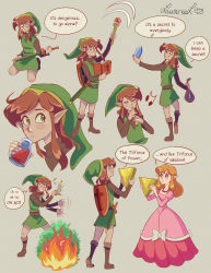 Rule 34 | 1boy, 1girl, absurdres, aged down, belt, blue eyes, book, boots, brown hair, bush, closed eyes, comic, dress, elf, fire, flute, grin, hand up, hat, highres, instrument, jar, jewelry, link, musical note, necklace, nintendo, pink dress, pointy ears, princess zelda, rubies, shield, sidelocks, smile, sword, talking, the legend of zelda, the legend of zelda (nes), triforce, wand, weapon
