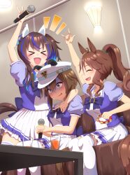 Rule 34 | &gt; &lt;, 3girls, \m/, absurdres, animal ears, arm around shoulder, arm up, back bow, blue eyes, blue hair, bow, brown hair, cheval grand (umamusume), closed eyes, clothing cutout, commentary request, couch, cup, daitaku helios (umamusume), ear covers, ear ornament, ear piercing, ears through headwear, glass, gloom (expression), hair between eyes, hair ornament, hairclip, hat, highres, holding, holding microphone, horse ears, horse girl, horse tail, indoors, instrument, karaoke, long hair, mejiro palmer (umamusume), microphone, multicolored hair, multiple girls, on couch, open mouth, petticoat, piercing, ponytail, puffy short sleeves, puffy sleeves, purple bow, purple shirt, school uniform, shirt, short sleeves, skirt, smile, streaked hair, summer uniform, table, tail, tail through clothes, tambourine, terumasa (amanoy), thighhighs, tracen school uniform, umamusume, w, white hair, white hat, white thighhighs