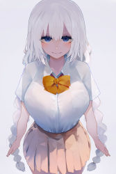 Rule 34 | 1girl, alternate costume, blue eyes, blush, bow, bowtie, bra visible through clothes, braid, bralines, breast pocket, breasts, grey background, hair between eyes, highres, kizuna akari, large breasts, long hair, looking at viewer, pleated skirt, pocket, see-through, shaded face, shirt, simple background, skirt, smile, solo, susumu, twin braids, underwear, vocaloid, voiceroid, wet, wet clothes, wet shirt, white hair, white shirt, yellow bow, yellow bowtie, yellow skirt