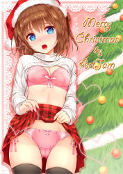 Rule 34 | 1girl, art jam, artist name, black thighhighs, blush, bow, bow bra, bow panties, bra, breasts, christmas, christmas ornaments, christmas tree, cleavage, clothes lift, cowboy shot, crotch seam, cursive, english text, hat, heart, lifting own clothes, merry christmas, miniskirt, open mouth, original, panties, pink bra, pink panties, plaid, plaid skirt, pleated skirt, red hat, red skirt, ribbed shirt, santa hat, shadow, shirt, shirt lift, short hair, skirt, skirt lift, small breasts, solo, thighhighs, underwear, white shirt
