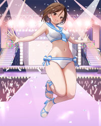 Rule 34 | 1girl, absurdres, bare shoulders, bikini, blue neckerchief, blue sailor collar, blush, breasts, brown eyes, brown hair, concert, confetti, feet, full body, gibun (sozoshu), glowstick, high heel sandals, high heels, highres, idol, idolmaster, idolmaster cinderella girls, jumping, light blush, looking at viewer, medium breasts, midriff, mizuki seira, navel, neckerchief, open mouth, outstretched arms, sailor bikini, sailor collar, sailor swimsuit (idolmaster), sandals, screen, short hair, side-tie bikini bottom, smile, solo, spotlight, stage, stage lights, swimsuit, toes, white bikini, white swimsuit