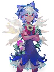 Rule 34 | 1girl, arlmuffin, blue bow, blue dress, blue eyes, blue hair, bow, cirno, commentary, cowboy shot, crossed arms, dress, flower, hair bow, hidden star in four seasons, ice, ice wings, looking at viewer, no pupils, parted lips, plant, red bow, short hair, short sleeves, simple background, smile, solo, sunflower, tan, tanned cirno, touhou, vines, white background, wing collar, wings