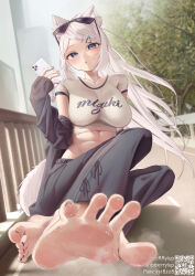 Rule 34 | 1girl, animal ears, barefoot, blue eyes, breasts, cellphone, feet, large breasts, light blush, long hair, looking at viewer, parted lips, phone, ponytail, rryiup, smartphone, soles, solo, steam, sunglasses on head, sweat, tail, toes, white hair