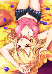 Rule 34 | 10s, 1girl, aratako, arms up, bad id, bad pixiv id, blonde hair, brown eyes, denim, denim shorts, karina lyle, lips, long hair, looking at viewer, lying, navel, on back, petals, pillow, shorts, solo, tiger &amp; bunny, unbuttoned