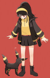 Rule 34 | 1girl, artist name, bag, belt, black footwear, black hair, black jacket, black skirt, boots, closed eyes, collared shirt, creatures (company), cross-laced footwear, drawstring, earrings, female focus, flat chest, full body, game freak, gen 2 pokemon, hair tie, hairband, handbag, highres, hood, hooded jacket, jacket, jewelry, legs, long hair, long sleeves, looking at another, looking down, miniskirt, nail polish, nintendo, no mouth, nuzzle, open clothes, open jacket, personification, pleated skirt, pokemon, pokemon (creature), ponytail, red background, red eyes, red nails, risui ao, shirt, shirt tucked in, signature, simple background, skirt, standing, thighs, umbreon, yellow hairband, yellow shirt, zipper, zipper pull tab