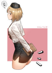 Rule 34 | 1girl, blonde hair, blouse, clipboard, collared shirt, dated, from side, garrison cap, girls&#039; frontline, gloves, hat, highres, mp40 (girls&#039; frontline), pencil skirt, shirt, simple background, skirt, solo, spoken squiggle, squiggle, thighs, triangle bullet, white shirt