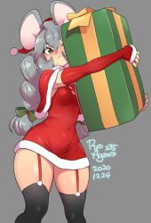 Rule 34 | 1girl, 2020, agawa ryou, animal ears, artist name, black thighhighs, bow, breasts, covered navel, dated, detached sleeves, garter straps, gift, grey background, grey eyes, grey hair, hair bow, mouse ears, original, red sleeves, signature, simple background, solo, thick thighs, thighhighs, thighs, wide hips