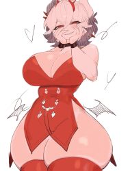 Rule 34 | 1girl, bare hips, beelzebub (helltaker), black choker, black wristband, blush, breasts, choker, cleavage, curvy, demon girl, demon horns, demon wings, dress, freckles, gluteal fold, hairband, hands on own face, helltaker, highres, horns, huge breasts, large breasts, looking at viewer, red dress, red eyes, red hairband, red thighhighs, short hair, smile, solo, spiked hairband, spikes, thick thighs, thighhighs, thighs, usa37107692, white hair, wide hips, wings