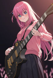 Rule 34 | 1girl, black background, blue eyes, bocchi the rock!, breasts, cube hair ornament, electric guitar, gibson les paul, gotoh hitori, goumudan, gradient background, grey skirt, guitar, hair between eyes, hair ornament, highres, holding, holding instrument, holding plectrum, instrument, jacket, large breasts, long hair, pink background, pink hair, pink jacket, pleated skirt, plectrum, sidelocks, simple background, skirt, solo, sweat, sweatdrop, track jacket, very long hair