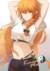 Rule 34 | 1girl, absurdres, alternate costume, arms up, black bow, blonde hair, bow, braid, character name, chinese commentary, commentary request, cowboy shot, crop top, cropped shirt, eyes visible through hair, gradient background, grey background, hair between eyes, hair bow, highleg, highres, hongsan smile, kirisame marisa, long hair, looking at viewer, midriff, mole, mole under eye, navel, orange eyes, shirt, short sleeves, smile, solo, standing, touhou, very long hair, white background, white shirt