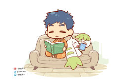 Rule 34 | 1boy, blue hair, book, chibi, chinese commentary, closed eyes, closed mouth, commentary request, copyright name, couch, digignome, digimon, digimon (creature), digimon tamers, facing viewer, holding, holding book, horns, kariki hajime, laughing, li jianliang, long sleeves, male focus, on couch, open book, open mouth, orange pajamas, pajamas, pixiv logo, pixiv username, short hair, simple background, single horn, sitting, smile, tearing up, terriermon, twitter logo, weibo logo, weibo watermark, white background