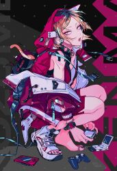Rule 34 | 1boy, androgynous, barefoot, bishounen, black nails, blonde hair, blue choker, choker, controller, dualshock, eyelashes, eyeshadow, feet, from side, full body, game boy advance, game controller, gamepad, grey background, haikyuu!!, handheld game console, headphones, highres, holding, hood, hood up, hooded jacket, jacket, jewelry, kozume kenma, long sleeves, makeup, male focus, nail polish, o-ring, o-ring choker, open clothes, open jacket, open mouth, parted bangs, playstation controller, playstation portable, puffy long sleeves, puffy sleeves, red jacket, red shorts, sandals, shorts, signature, single sandal, squatting, swept bangs, teeth, toe ring, toenail polish, toenails, toes, yellow eyes, yudeazu king