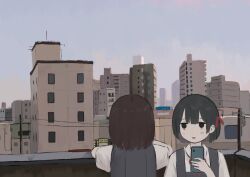 Rule 34 | 2girls, black eyes, black hair, blue sky, blunt ends, brown hair, cellphone, city, cityscape, collared shirt, dress, elbow rest, facing away, grey dress, hair behind ear, hair ribbon, hand up, highres, holding, holding phone, looking at another, looking to the side, medium hair, multiple girls, neck ribbon, original, outdoors, phone, pinafore dress, power lines, red ribbon, ribbon, shirt, short hair, short sleeves, sky, sleeveless, sleeveless dress, smartphone, toyono saki, upper body, utility pole, white shirt