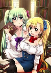 Rule 34 | 10s, 2girls, ahoge, bad id, bad pixiv id, bare shoulders, black legwear, blonde hair, blush, book, bookshelf, breasts, chair, cleavage, einhard stratos, green eyes, green hair, hair ribbon, heterochromia, large breasts, library, long hair, long sleeves, looking at viewer, lyrical nanoha, mahou shoujo lyrical nanoha vivid, multiple girls, nagashiro rouge, aged up, open mouth, purple eyes, red eyes, ribbon, side ponytail, sitting, skirt, smile, thighhighs, tome of the night sky, twintails, very long hair, vivio