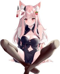 Rule 34 | 1girl, animal ears, breasts, food, food-themed hair ornament, fox ears, fox girl, fox mask, fruit, hair ornament, highres, japanese clothes, large breasts, mask, mask on head, milkiwi, pale skin, pink eyes, pink hair, smile, solo, steeb, strawberry, strawberry hair ornament, vdonburi, virtual youtuber