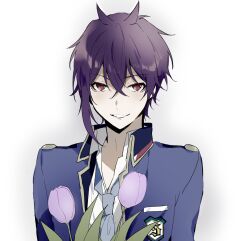Rule 34 | 1boy, blue jacket, blue necktie, collared shirt, dance with devils, flower, highres, holding, holding flower, jacket, long sleeves, looking at viewer, male focus, natsumezaka shiki, necktie, purple hair, qi7pi, red eyes, shirt, short hair, smile, solo, teeth, tulip, white background, white shirt