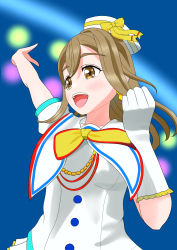 Rule 34 | 1girl, absurdres, aozora jumping heart, artist name, artist request, blouse, blue sky, blush, bow, bowtie, breasts, brown eyes, brown hair, buttons, close-up, cloud, day, dress, dress shirt, earrings, elbow gloves, female focus, floating hair, gem, gloves, hair between eyes, hat, hat bow, hat ribbon, highres, jewelry, kunikida hanamaru, light brown hair, long hair, looking at viewer, love live!, love live! school idol festival, love live! sunshine!!, neckerchief, outdoors, parted lips, pearl (gemstone), puffy short sleeves, puffy sleeves, ribbon, sailor collar, shirt, short hair, short sleeves, singe glove, single elbow glove, single glove, sky, small breasts, smile, solo, upper body, white gloves, white hat, white sailor collar, white shirt, yellow bow, yellow eyes, yellow neckerchief, yellow ribbon