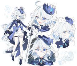 Rule 34 | 1girl, :t, ahoge, ascot, black gloves, blue eyes, blue hair, blue hat, blue jacket, boo 1, bow, chibi, closed mouth, expressions, frills, full body, furina (genshin impact), genshin impact, gloves, hair between eyes, hat, highres, jacket, light blue hair, long hair, long sleeves, looking at viewer, low ponytail, multicolored hair, multiple views, open mouth, pout, puffy cheeks, serious, shorts, smile, solo, thigh strap, thighs, top hat, weapon, white gloves, white hair