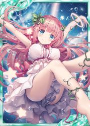 Rule 34 | 1girl, akkijin, anklet, ass, blue eyes, bracelet, breasts, clothes between thighs, dress, gaia (shinkai no valkyrie), galaxy, hair ornament, happy, jewelry, large breasts, leaf, long hair, official art, pink hair, shinkai no valkyrie, smile, solo, water drop, white dress