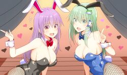 Rule 34 | 2girls, animal ears, bare shoulders, black leotard, blue leotard, blush, bow, bowtie, breasts, cleavage, covered navel, curtains, detached collar, fake animal ears, fake tail, frog, frog hair ornament, green eyes, hair ornament, hair tubes, highres, indoors, kochiya sanae, kyanta5354, large breasts, leotard, long hair, looking at viewer, multiple girls, open mouth, pantyhose, playboy bunny, purple hair, rabbit ears, rabbit girl, rabbit tail, red eyes, reisen udongein inaba, single hair tube, smile, snake, snake hair ornament, strapless, strapless leotard, tail, touhou, traditional bowtie, wooden floor, wrist cuffs