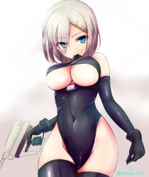Rule 34 | 10s, 1girl, alternate costume, bad id, bad twitter id, bare shoulders, black gloves, black thighhighs, blue eyes, breasts, elbow gloves, eyebrows, eyes visible through hair, franz (217franz), from below, gloves, gun, hair ornament, hair over one eye, hairclip, hamakaze (kancolle), handgun, kantai collection, leotard, looking at viewer, medium breasts, mouth hold, navel, shiny clothes, short hair, silver hair, simple background, solo, thighhighs, thighs, turret, twitter username, underboob, weapon, zipper