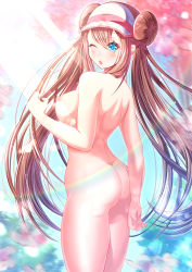 Rule 34 | 1girl, ass, blue eyes, blue sky, blurry, blurry background, blush, breasts, brown hair, bush, completely nude, creatures (company), day, double bun, female focus, from behind, game freak, hair bun, hand up, hat, highres, jiaxi daze, light rays, long hair, medium breasts, nintendo, nipples, nude, one eye closed, open mouth, outdoors, pink hat, pokemon, pokemon bw2, rosa (pokemon), sky, solo, standing, sunbeam, sunlight, tree, twintails, very long hair, visor cap