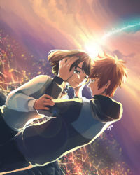 Rule 34 | 1boy, 1girl, black hair, blurry, blurry background, brown eyes, brown hair, commentary, eye contact, hair ribbon, hands on another&#039;s face, highres, hood, hoodie, kimi no na wa., lens flare, long sleeves, looking at another, miyamizu mitsuha, red ribbon, ribbon, sweater vest, tachibana taki, tears