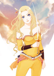 Rule 34 | 1990s (style), 1girl, belt, blonde hair, blue eyes, celes chere, detached sleeves, female focus, final fantasy, final fantasy vi, haato, hair ornament, highres, long hair, outdoors, sky, solo, sword, weapon