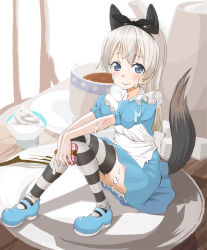 Rule 34 | 1girl, akitatta, animal ears, bad id, bad pixiv id, blue eyes, blush, bow, cup, eila ilmatar juutilainen, fork, grey hair, hair bow, heart, inactive account, maid, mary janes, mini person, minigirl, plate, shoes, sitting, solo, strike witches, striped clothes, striped thighhighs, sugar cube, tail, teacup, teapot, thighhighs, world witches series