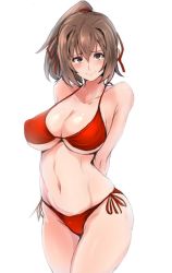 Rule 34 | 10s, 1girl, arms behind back, bad id, bad twitter id, bare shoulders, bikini, blush, breasts, brown eyes, brown hair, cleavage, hair between eyes, hair ribbon, ise (kancolle), kantai collection, large breasts, navel, ponytail, red bikini, ribbon, simple background, smile, solo, string bikini, swimsuit, ulrich (tagaragakuin), underwear, white background