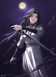 Rule 34 | 1girl, absurdres, black hair, closed mouth, expressionless, highres, holding, holding sheath, holding sword, holding weapon, kao 1025, lips, long hair, moon, night, purple eyes, return of the mount hua sect, reverse grip, sash, scabbard, sheath, solo, sword, upper body, weapon, white uniform, yu iseol (return of the mount hua sect)