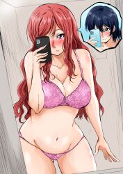 Rule 34 | absurdres, aged up, blush, body switch, bra, cellphone, highres, love live!, mirror, nishikino maki, non-web source, panties, personality switch, phone, pink bra, pink panties, purple eyes, red hair, reflection, shogo (4274732), sonoda umi, underwear