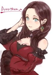 Rule 34 | 1girl, brown hair, character name, dorothea arnault, dress, earrings, fire emblem, fire emblem: three houses, green eyes, haru (nakajou-28), highres, jewelry, long hair, long sleeves, nintendo, parted lips, simple background, solo, upper body, white background