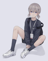Rule 34 | 1girl, absurdres, backpack, bag, between legs, black shorts, black socks, black sweater, blue eyes, blush, closed mouth, clothes writing, commentary request, expressionless, full body, grey background, hair ornament, hairclip, hand between legs, highres, idolmaster, idolmaster shiny colors, kneehighs, long sleeves, looking at viewer, low twintails, nike (company), own hands together, pouch, serizawa asahi, shoes, short hair, short twintails, shorts, silver hair, simple background, sitting, sneakers, socks, solo, sugai (4ugaii), sweater, twintails, white footwear