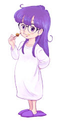 Rule 34 | 1girl, absurdres, bad id, bad pixiv id, closed mouth, commentary request, dango, dr. slump, food, glasses, highres, lafolie, long hair, looking at viewer, norimaki arale, overalls, purple eyes, purple hair, shirt, simple background, smile, solo, wagashi, white background