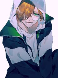 Rule 34 | 1boy, :d, alternate costume, commentary request, fate/extra, fate (series), glasses, green eyes, hair over one eye, highres, hood, hood up, hooded jacket, jacket, looking at viewer, lower teeth only, male focus, open clothes, open jacket, open mouth, orange hair, robin hood (fate), seiya ingen, simple background, smile, solo, teeth, upper body, white background