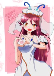 Rule 34 | 1girl, absurdres, artist name, artist request, bare shoulders, blush, breasts, brown eyes, collarbone, cosplay, dress, female focus, hair between eyes, hair ornament, hairclip, heart, heart hands, highres, long hair, looking at viewer, love live!, love live! sunshine!!, miniskirt, parted lips, pink background, plaid, plaid dress, plaid skirt, pleated, pleated dress, pleated skirt, red hair, sakurauchi riko, skirt, small breasts, smile, solo, veil, white background, white dress, white skirt, white veil, yellow eyes