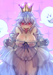 Rule 34 | 1girl, boo (mario), bow (bhp), breasts, cleavage, collarbone, crown, dress, frilled dress, frilled gloves, frills, ghost, gloves, hair between eyes, lace, lace panties, large breasts, long hair, long tongue, looking at viewer, luigi&#039;s mansion, mario (series), mini crown, new super mario bros. u deluxe, nintendo, panties, pink background, princess king boo, puffy short sleeves, puffy sleeves, red eyes, revision, see-through, sharp teeth, short sleeves, sketch, smile, standing, super crown, teeth, tongue, tongue out, underwear, white dress, white gloves, white hair