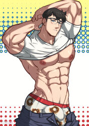 Rule 34 | 1boy, abs, absurdres, bara, bare pectorals, black hair, black pants, blue eyes, clark kent, clothes pull, dc comics, doughnut print, glasses, highres, inunekostudio, large pectorals, male focus, male underwear, muscular, muscular male, my adventures with superman, navel, nipples, pants, pants pull, pectorals, print male underwear, shirt, short hair, solo, superman, superman (series), underwear, white male underwear, white shirt