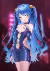 Rule 34 | 1girl, absurdres, ahoge, alternate costume, amamiya kokoro, armpit crease, bare shoulders, bell, blue collar, blue dress, blue hair, blush, bodycon, breasts, bridal gauntlets, clothing cutout, collar, commentary request, covered erect nipples, dress, fang, gradient hair, hair bell, hair ornament, hair ribbon, highres, ishi no shita, jingle bell, long hair, looking at viewer, multicolored hair, naughty face, navel, navel cutout, nijisanji, open mouth, outdoors, revealing clothes, revision, ribbon, shiny clothes, skin fang, small breasts, smile, solo, twintails, variant set, very long hair, virtual youtuber, x hair ornament, yellow eyes