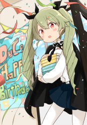Rule 34 | 1girl, anchovy (girls und panzer), anzio school uniform, barashiya, belt, black belt, black cape, black neckwear, black ribbon, black skirt, blurry, blurry background, blush stickers, book, cape, character name, commentary, confetti, depth of field, dress shirt, drill hair, emblem, english text, girls und panzer, green hair, happy birthday, highres, holding, holding book, long hair, long sleeves, miniskirt, necktie, open mouth, pantyhose, party popper, pleated skirt, red eyes, ribbon, riding crop, school uniform, shirt, skirt, standing, streamers, string of flags, twin drills, twintails, white pantyhose, white shirt, wing collar