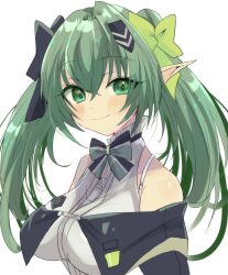 Rule 34 | absurdres, black bow, black bowtie, black dress, black ribbon, blush stickers, bow, bowtie, closed mouth, dress, einkk (nikke), goddess of victory: nikke, green bow, green bowtie, green eyes, green hair, green ribbon, hair ribbon, highres, long hair, pointy ears, ribbon, shirt, sleeveless, sleeveless shirt, smile, thighhighs, twintails, white shirt, white thighhighs, xamune